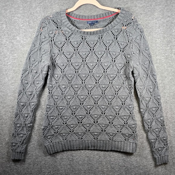 Tommy Hilfiger Sweater Womens‎ M Gray Diamond Open Knit Pullover - Picture 1 of 10